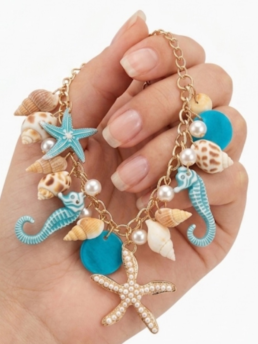 Chunky Shell Charm Bracelet - Gold Teal Nautical Jewelry Starfish Seahorse 
C3